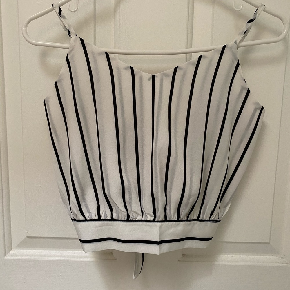 White and black striped tie-back tank top